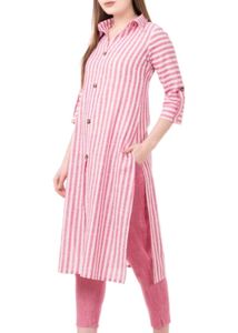 Pink Striped cotton Kurta Set