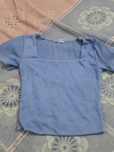 Blue Square Neck Ribbed Crop Top