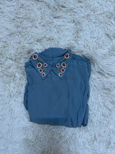 Embroidered Collar Blue Top
