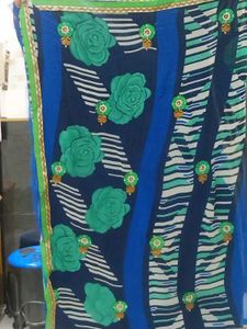 Blue Saree with Green Floral Print