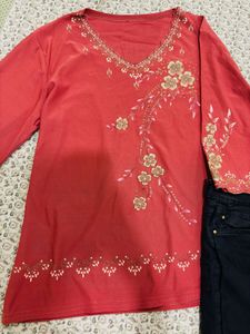 Beautiful Red Embroidered top with short