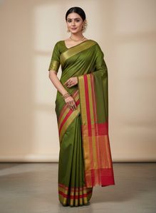 Elegant Olive Green Saree with Red Border