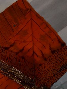 Orange Saree with Embellished Blouse sibori print