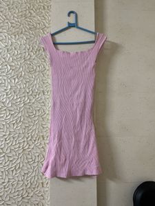 Pink Ribbed Square Neck Dress
