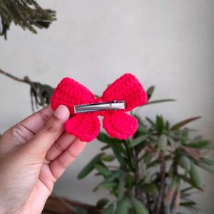 Handmade Crochet Red Bow Hair Clip