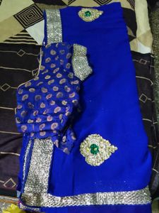 Elegant Red and Blue  Saree with Embellishments