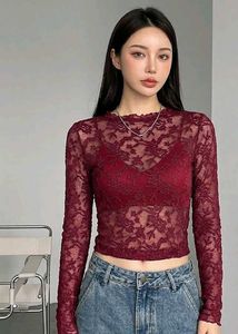 Burgundy Lace Long Sleeve Crop Top