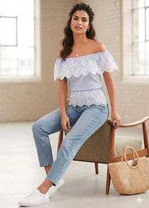 Blue Striped Off-Shoulder Eyelet Top