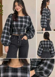 Granny Chic Plaid Lace-Up Blouse