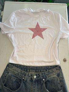 White Crop Top with Red Star Print