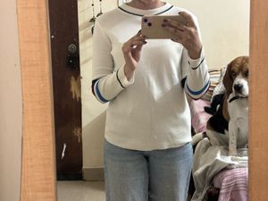 Cozy White Knit Sweater with Striped Cuffs