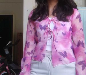 Pink Butterfly Bell Sleeve Top