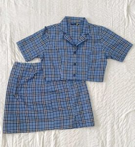 Cute Blue Plaid Crop Top & Skirt Set