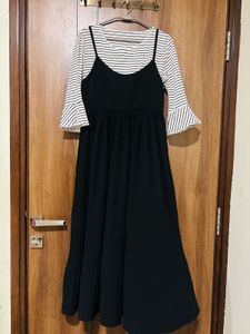 Striped Sleeve Dress with Black Overlay
