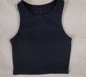 Navy Blue Ribbed Racer Back Sleeveless Crop Top