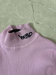 Cute Pink stretchable Ribbed Turtleneck Top