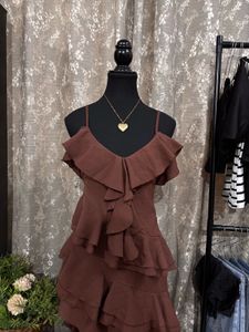 Brown Ruffled High-Low Dress