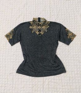 Sparkly Black Top with Lace Collar