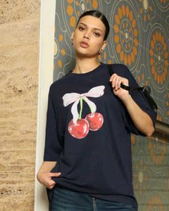 Shein drop shoulder Navy Cherry Print T-shirt