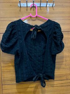 Chic Black Puff Sleeve Tie-Back Top