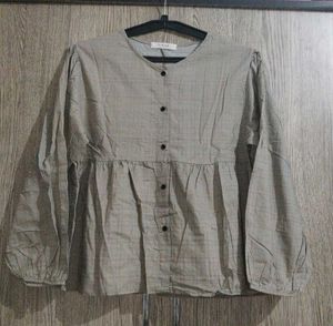 korean olive light green Checkered Long Sleeve Top