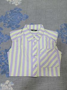 Striped Cropped Shirt &amp; Navy Pants Set