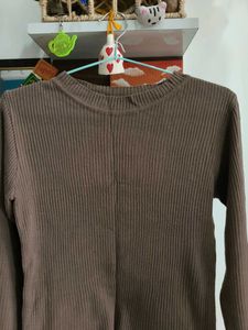 Brown Ribbed Long Sleeve Top