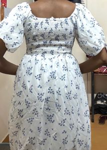 White &amp; Blue Floral Smocked Puff-Sleeve Mini Dress