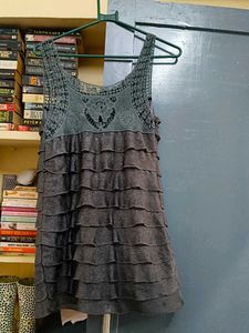Chic Grey Ruffle Dress with Lace Detail