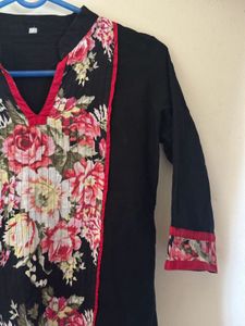Mid- length Black Kurta with Floral Print