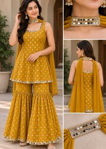 Yellow Sharara Suit Set with Mirror Work