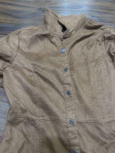 Brown Suede Style Button-Down Dress
