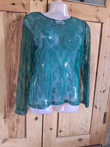 Green Lace Sheer Long Sleeve Top