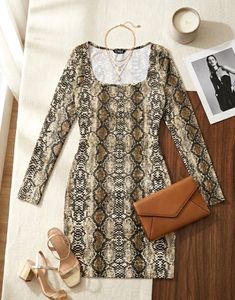 Snake Print Long Sleeve Bodycon Dress