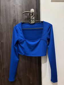 Royal Blue Square Neck Long Sleeve Crop Top
