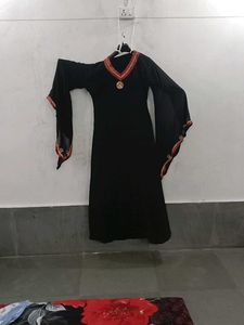 Elegant Black Abaya with Red &amp; Gold Trim