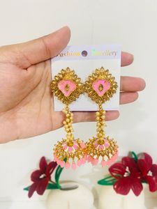 Elegant Pink & Gold Jhumka Earrings