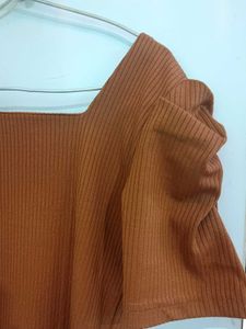 Rust Brown Ribbed Puff Sleeve Top for Women