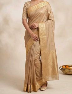 Elegant Golden-Beige Silk Blend Saree with Zari Bo