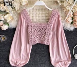 xs to M Pink Crocheted Square Neck Top
