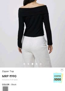 Black Zip-Up Off-Shoulder Top [S size]