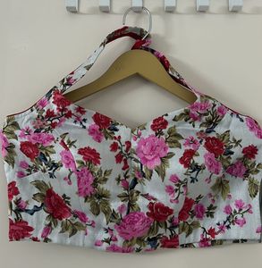 Backless Floral Print Halter Neck padded Blouse