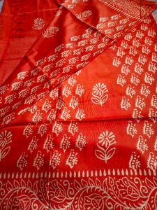 Vibrant Red Block Print Saree