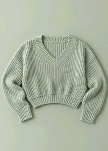 SAGE GREEN RIBBED V-NECK CROPPED SWEATER