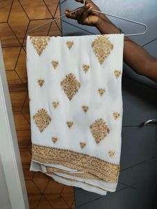 Elegant White & Gold Embroidered Sari