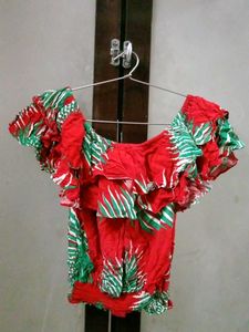 Red &amp; Green Tropical Print Off-Shoulder Top