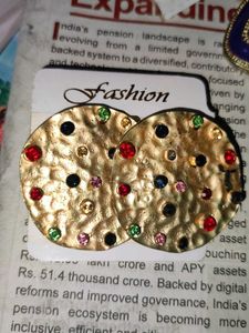 Gold Hammered Round Earrings with Gems