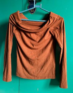 Brown Off-Shoulder Long Sleeve Top