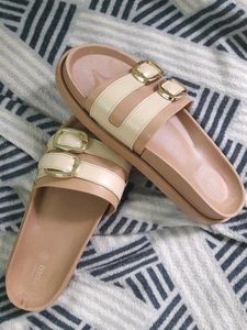 Stylish Beige Slides with Gold Buckles