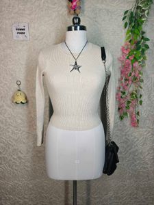 Zara Cream Ribbed Long Sleeve Top
